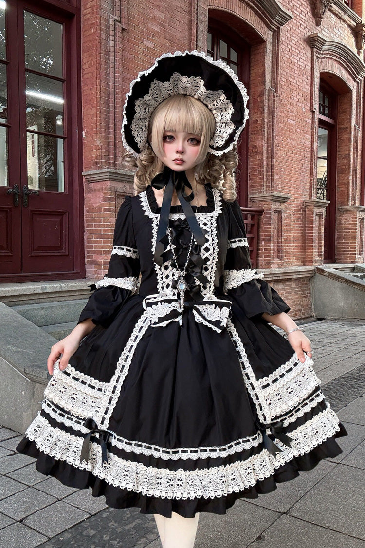 Black Square Collar Long Trumpet Sleeves Bow Lace Lace-Up Gothic Lolita Dress - Black(Only) - 1
