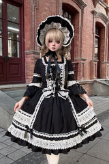 Black Square Collar Long Trumpet Sleeves Bow Lace Lace-Up Gothic Lolita Dress - Black(Only) - 1
