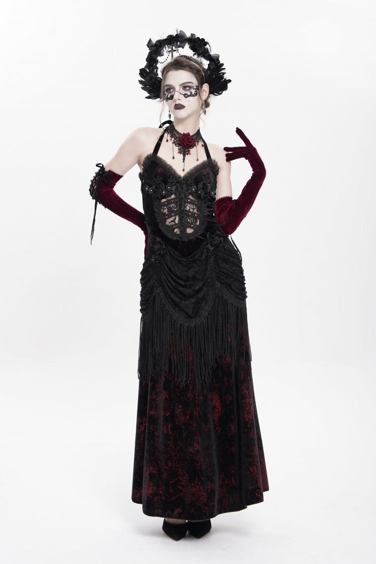 Red Sleeveless Hollow Floral Embroidery Lace-Up Pleated Women's Gothic Maxi Dress - Product - 4