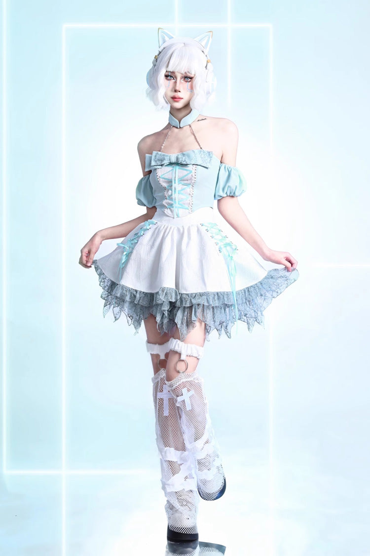 White [Virtual Idol] Ruffle Lace Lace-Up Sweet Lolita Skirt - Product - 6