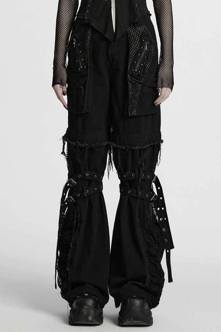 Black Stitching Mesh Unedged Detachable Women's Punk Pants - Black - 1