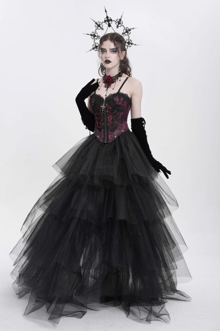 Red Sleeveless Embroidery Lace Chain Women's Gothic Vest - Product - 12
