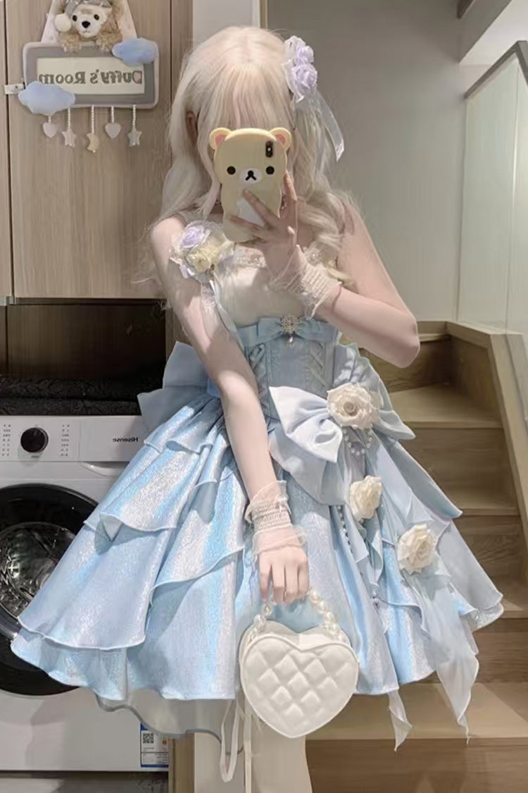 Blue [Rose Heart Knot] Ruffle Hanayome Bowknot Sweet Princess Gorgeous Lolita Jsk Dress - Product - 4