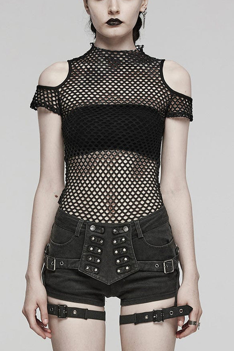 High Collar Hollow Stitching Tie-dyed Off-The-Shoulder Womens Steampunk T-Shirt 3 Colors - Black - 16