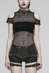 High Collar Hollow Stitching Tie-dyed Off-The-Shoulder Womens Steampunk T-Shirt 3 Colors - Black - 16