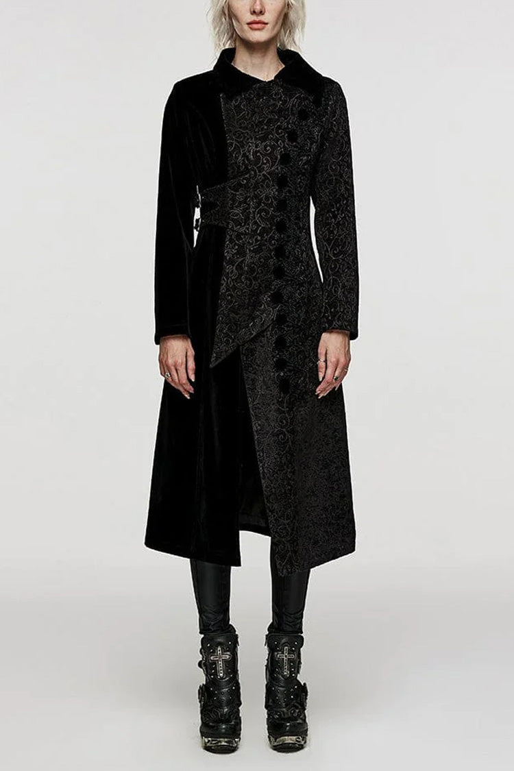 Black Stand Collar Jacquard Print Stitching Womens Gothic Coat - Black - 1