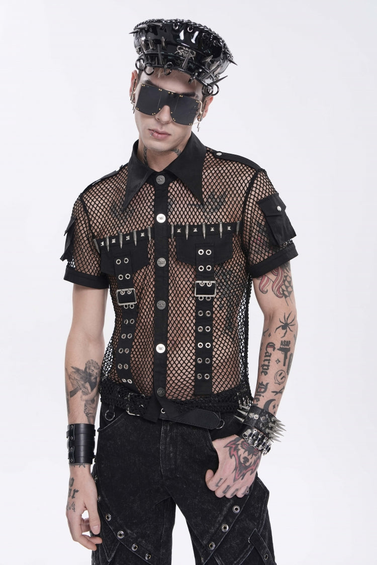 Black Lapel Collar Short Sleeves Cut-Out Spliced Sheer Mesh Studded Eyelet Men's Punk Small Pockets Cool Shirt - Product - 16