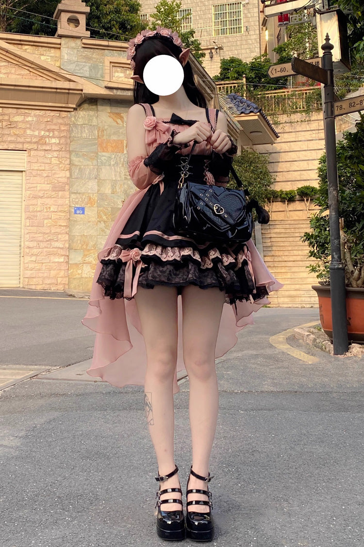 Black/Pink Multi-layer Ruffle Bowknot Sweet Princess Lolita Dress - Product - 5