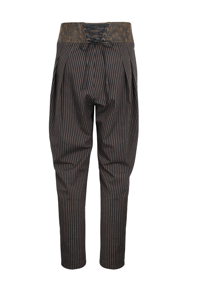Brown High Waisted Striped  Lace-Up Men's Gothic Pants - Product - 8