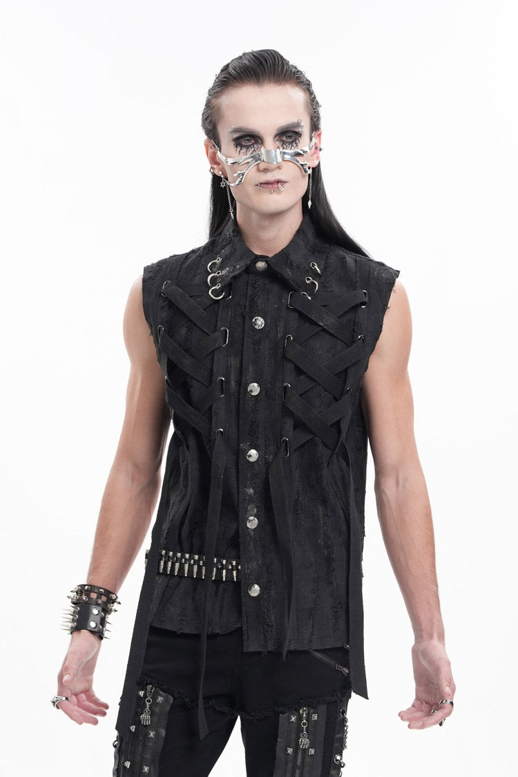 Black Lapel Collar Sleeveless Lace-Up Ripped Ring Men's Gothic Vest - Product - 5