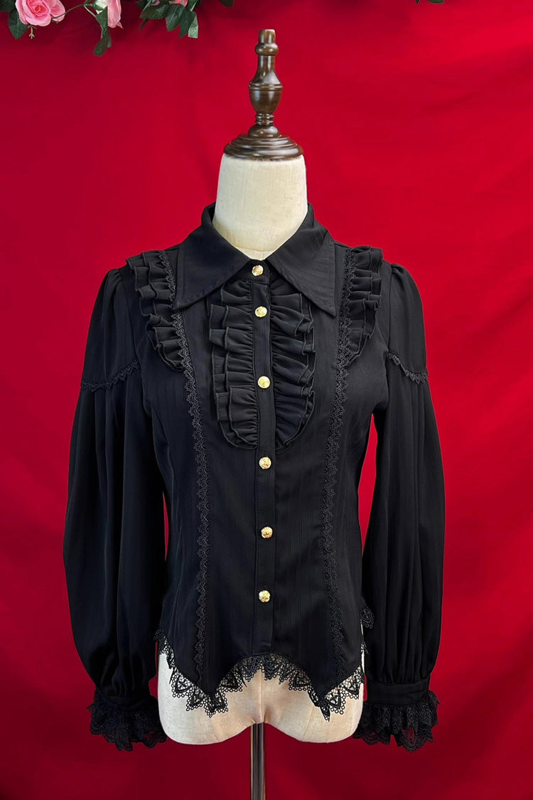 [Late Night] Lapel Collar Long Sleeves Ruffle Lace Slim Sweet Lolita Blouse 6 Colors - Black - 10
