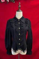[Late Night] Lapel Collar Long Sleeves Ruffle Lace Slim Sweet Lolita Blouse 6 Colors - Black - 10