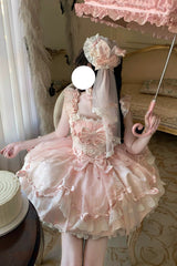 Pink [Sakura Bunny Ballad] Square Collar Flutter Sleeves Jacquard Ruffled Bow Lace Sweet Elegant Luxurious Short Lolita Jsk Dress - Product - 10