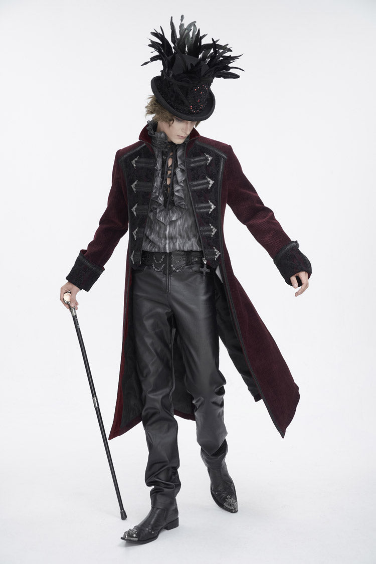 Red Stand Collar Long Sleeves Embroidery Slim Men's Gothic Coat - Product - 2