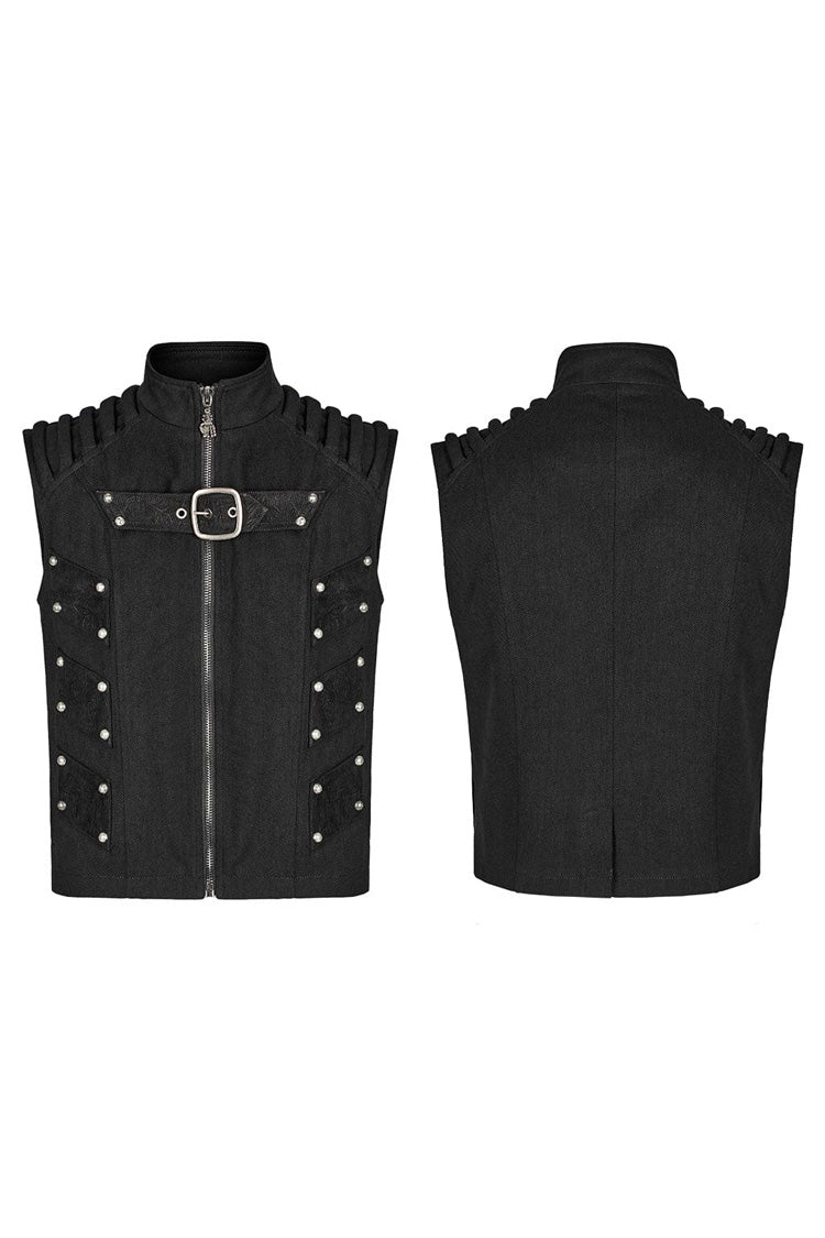 Black Stand Collar Sleeveless Stitching Buckle Decoration Mens Steampunk Vest - Product - 5