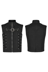 Black Stand Collar Sleeveless Stitching Buckle Decoration Mens Steampunk Vest - Product - 5