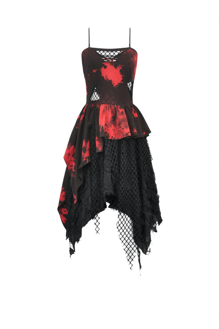 Black/Red Sleeveless Irregular Mesh Tie Dye Women's Punk Slip Dress - Product - 3