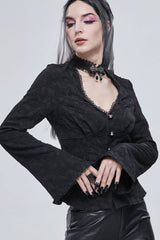 Black Gothic V-Neck Metal Buttons Pendant Lace Jacquard Frenulum Long Sleeves Women's Shirt - Product - 4