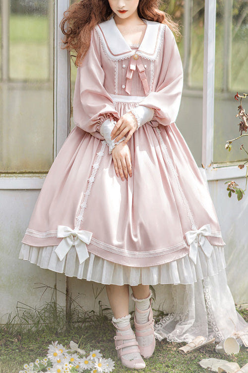 Pink Doll Collar Bowknot Long Sleeves High Waisted Ruffled Sweet Lolita OP Dress - Pink - 1