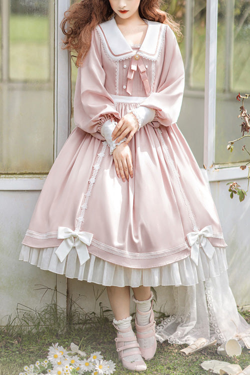 Pink Doll Collar Bowknot Long Sleeves High Waisted Ruffled Sweet Lolita OP Dress - Pink - 1