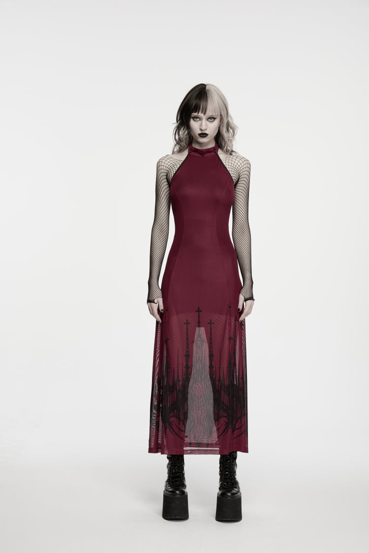 Red Halterneck Sleeveless Double-Layered Church Skull Printed  Printed Lace-Up Slim Women's Gothic Dress Graduation Dress - Product - 2
