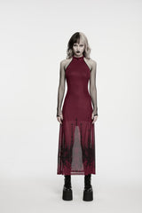 Red Halterneck Sleeveless Double-Layered Church Skull Printed  Printed Lace-Up Slim Women's Gothic Dress Graduation Dress - Product - 2