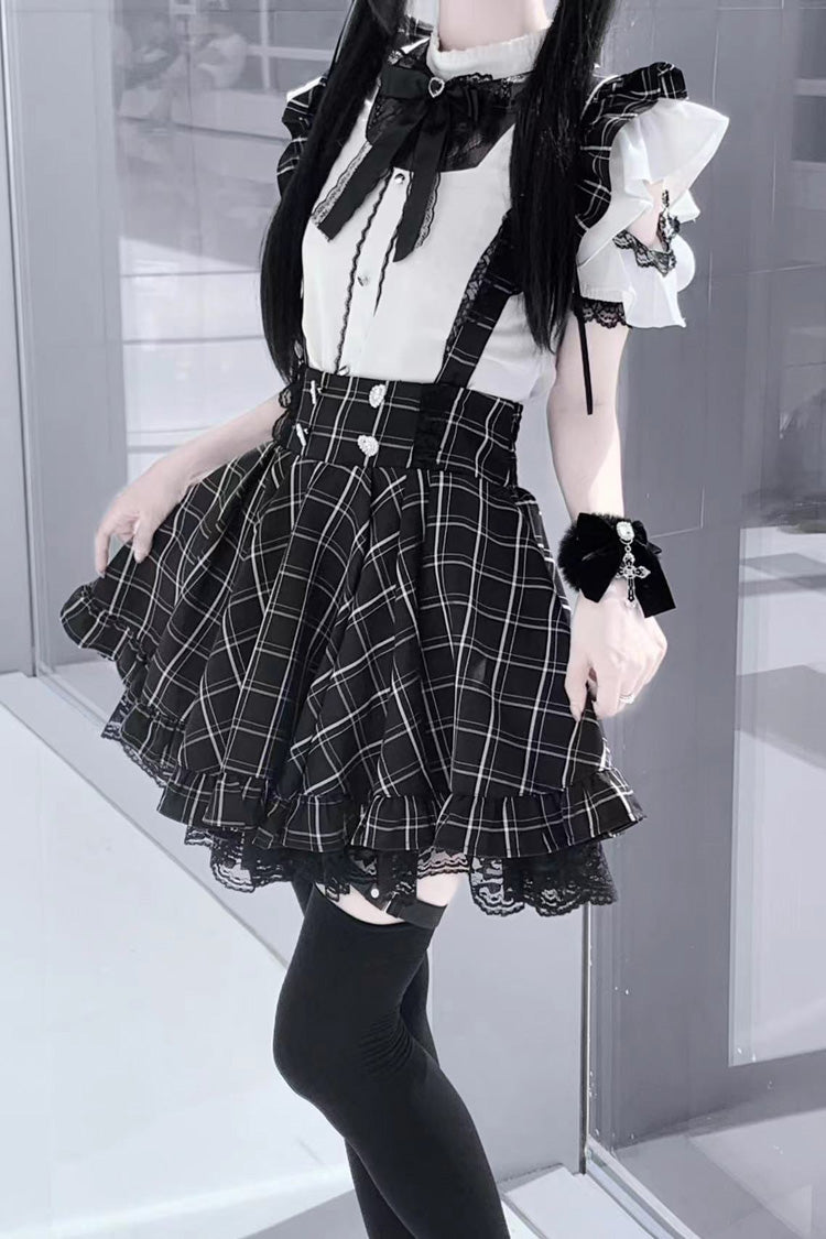 Black Plaid Print Ruffle Lace Jirai Kei Japanese Strap Dress - Product - 4