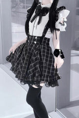 Black Plaid Print Ruffle Lace Jirai Kei Japanese Strap Dress - Product - 4