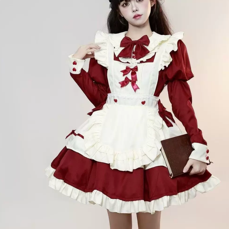 Burgundy and White Lace Gothic Maid Lolita Dress Set with Bell Bows - view 7
