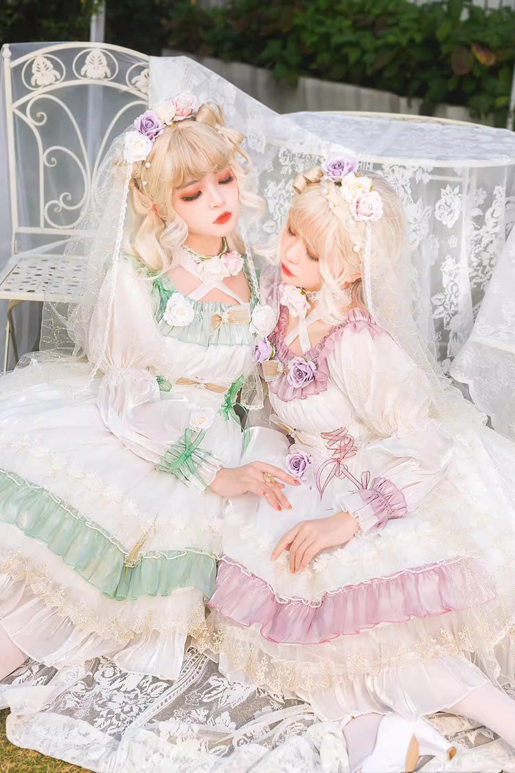 Green [Spring of Boliya] Long Sleeves Multi-Layered Ruffle Bowknot Lace Lace-Up Sweet Princess Lolita Dress - Product - 2