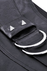 Black Faux Leather Metal Belt Buckled Pleated Women's Punk Mini Skirt - Product - 14