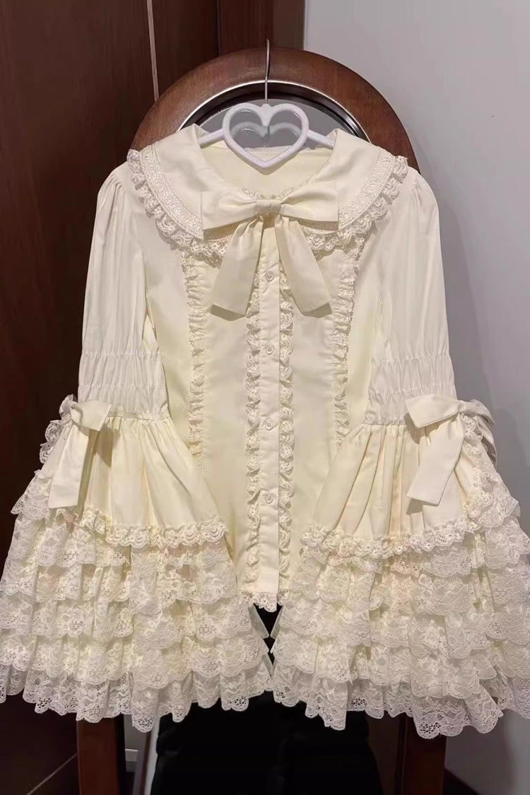 Lapel Collar Long Hime Sleeves Ruffle Bowknot Lace Sweet Lolita Blouse 3 Colors - Ivory - 4