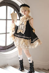 Black/Gold [Saint Child of the Cross] Round Collar Off Shoulder Long Trumpet Sleeves Ruffled Bow Gothic College Style Ouji Lolita Set - Product - 11