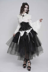 White Lapel Collar Long Trumpet Sleeves Lace Lace-Up Slim Women's Gothic Blouse - Product - 8
