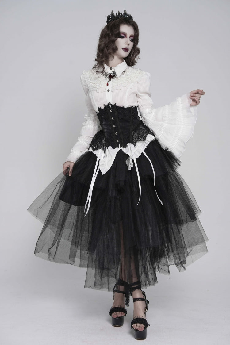 White Lapel Collar Long Trumpet Sleeves Lace Lace-Up Slim Women's Gothic Blouse - Product - 8