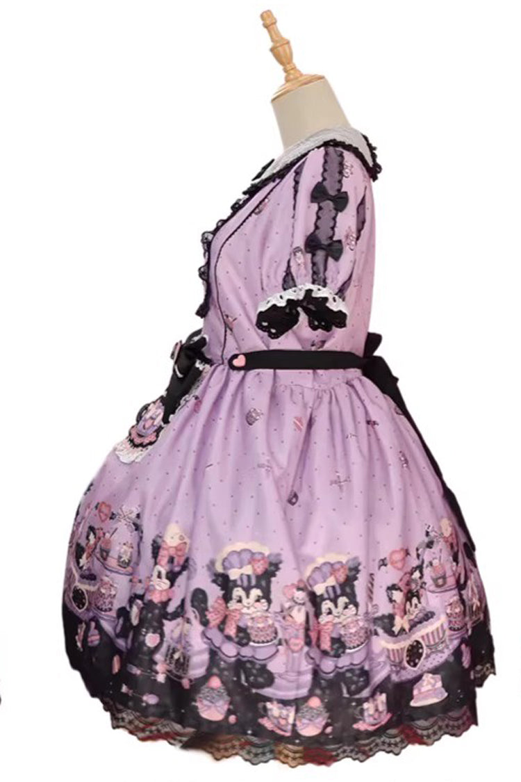 Purple [Devil Cat] Print Short Sleeves Ruffle Bowknot Lace Gothic Lolita OP Dress (Plus Size Support) - Product - 4