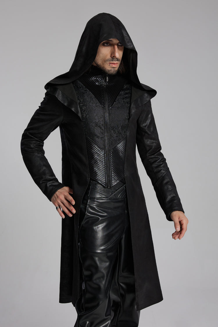 Black Zip Pleated Hooded Men's Gothic Jacket - Product - 3