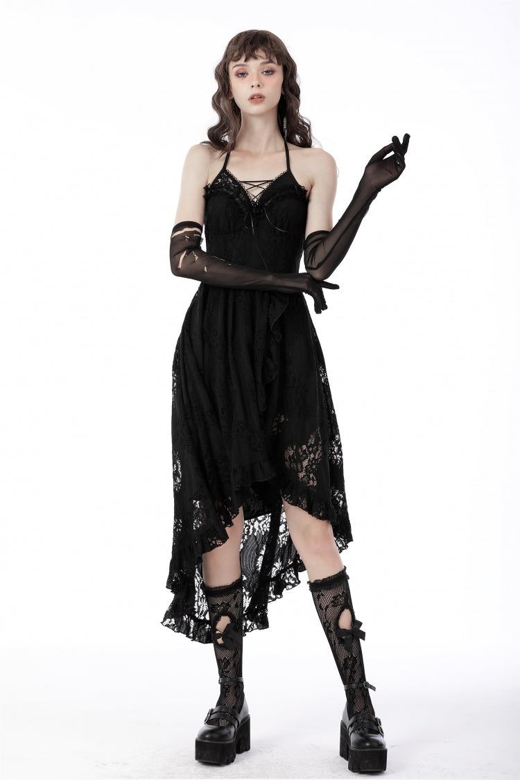 Black Off Shoulder Halterneck Ruffled Lace-Up Swallow Tail Floral Lace Women's Gothic Dress - Product - 9