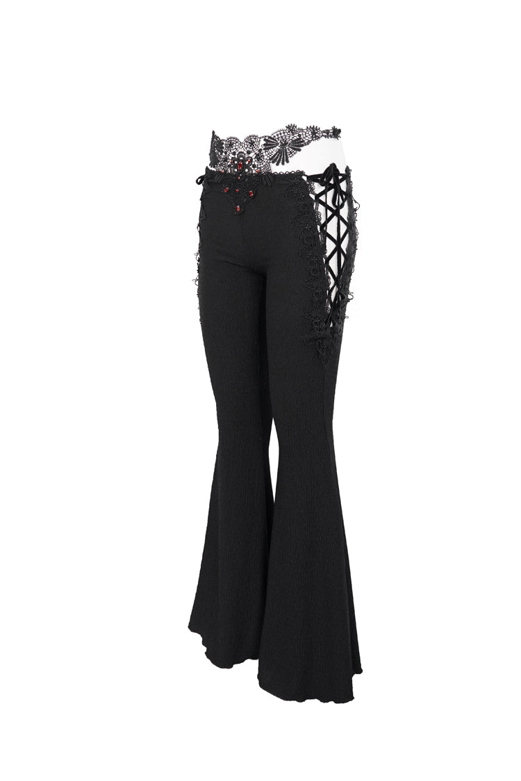 Black Low-Rise Lace Gem-Embellished Bilateral Lace-Up Cutout Flared Women's Gothic Pants - Product - 8