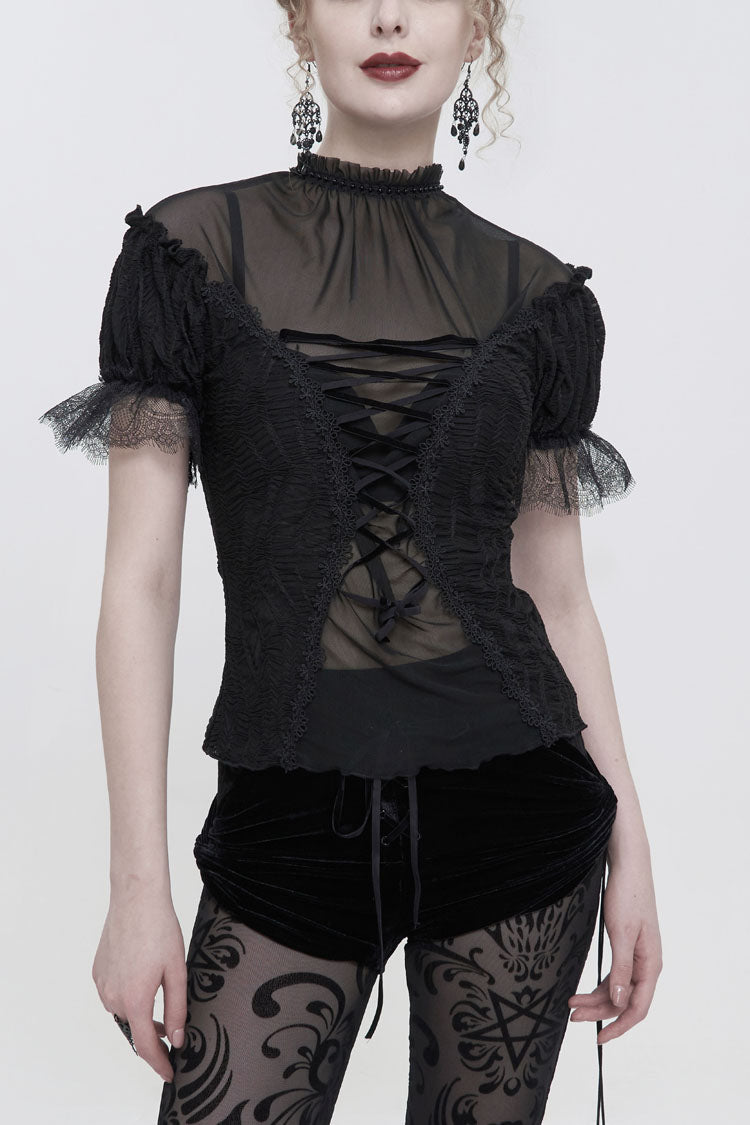 Black Wavy Stretch-Knit Fabric Adjustable Front Center Tether Short Sleeve Women's Gothic T-Shirt - Black - 1