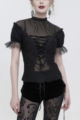 Black Wavy Stretch-Knit Fabric Adjustable Front Center Tether Short Sleeve Women's Gothic T-Shirt - Black - 1