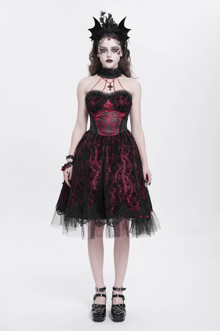 Red Halterneck Skeleton Print Embroidery Stitching Lace Women's Gothic Dress - Product - 5