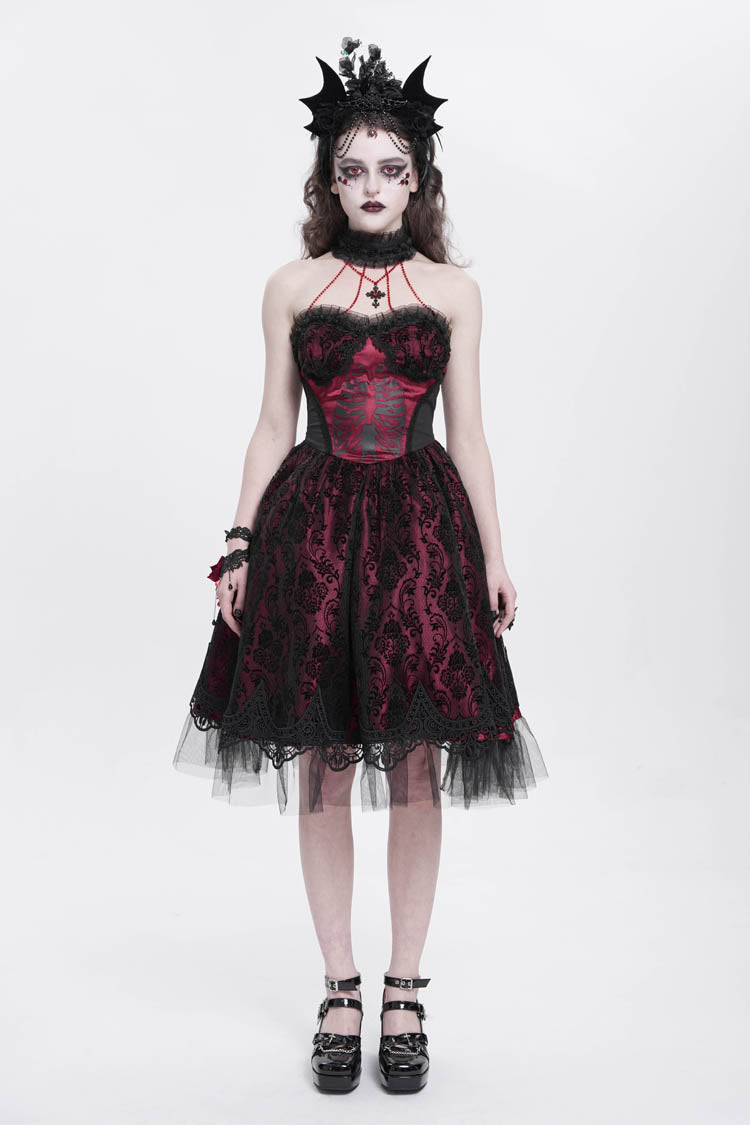 Red Halterneck Skeleton Print Embroidery Stitching Lace Women's Gothic Dress - Product - 5