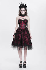 Red Halterneck Skeleton Print Embroidery Stitching Lace Women's Gothic Dress - Product - 5