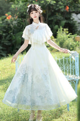 White [Hydrangea Message] Short Sleeves Print Ruffle Lace Sweet Chinese Style Elegant Lolita Dress - White - 1