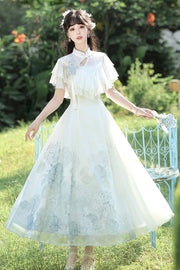 White [Hydrangea Message] Short Sleeves Print Ruffle Lace Sweet Chinese Style Elegant Lolita Dress - White - 1