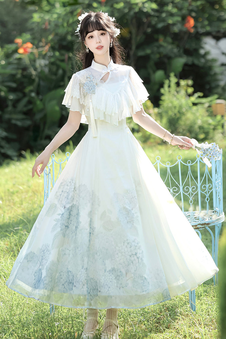 White [Hydrangea Message] Short Sleeves Print Ruffle Lace Sweet Chinese Style Elegant Lolita Dress - White - 1