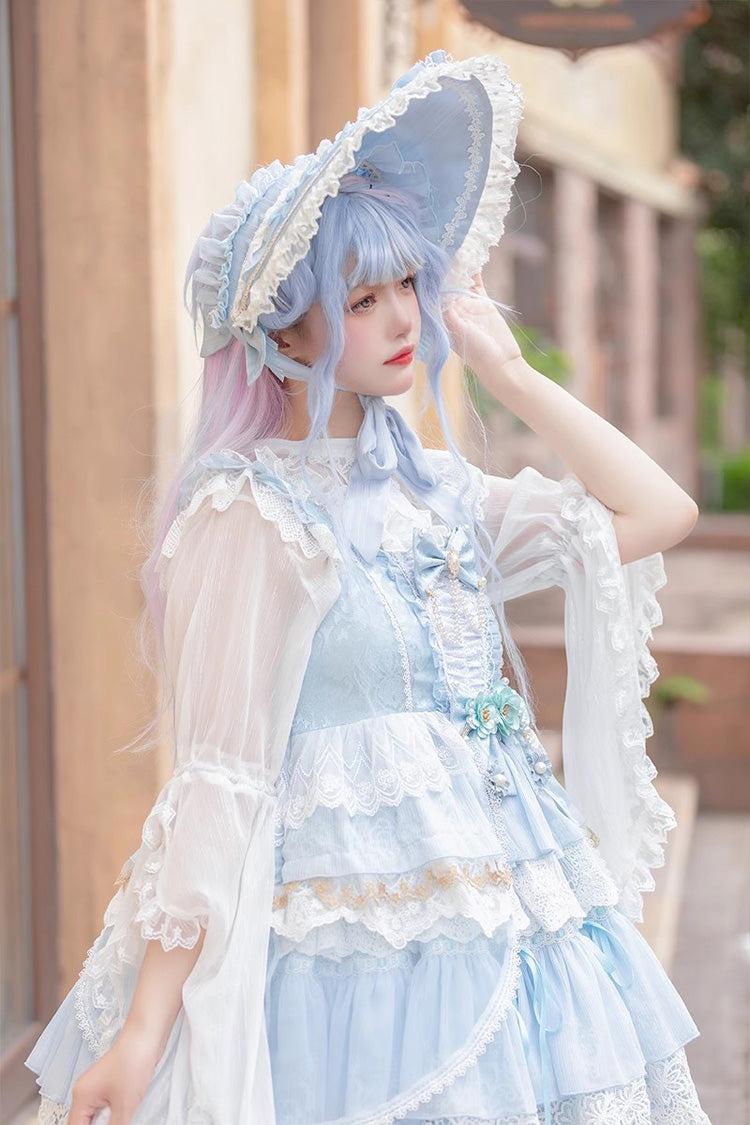 Multi-layer Sleeveless Undine's Tears Print Ruffle Hanayome Bowknot Sweet Lolita Jsk Dress 2 Colors - Product - 4