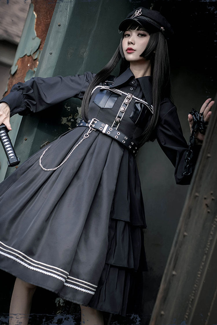 Dark V Neck Bowknot Rivets Epaulettes Sleeveless Military Uniform PU Gothic Lolita Jsk Dress - Product - 6