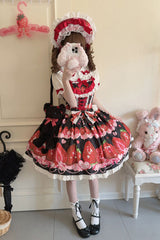 [Sweet Berry Tale] Strawberry Print Ruffle Bowknot Lace Sweet Lolita Jsk Dress 4 Colors - Product - 25